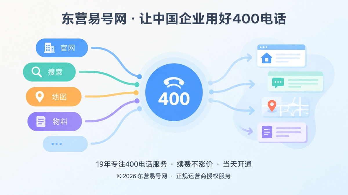 多个渠道节点汇聚到统一400电话入口的扁平插画