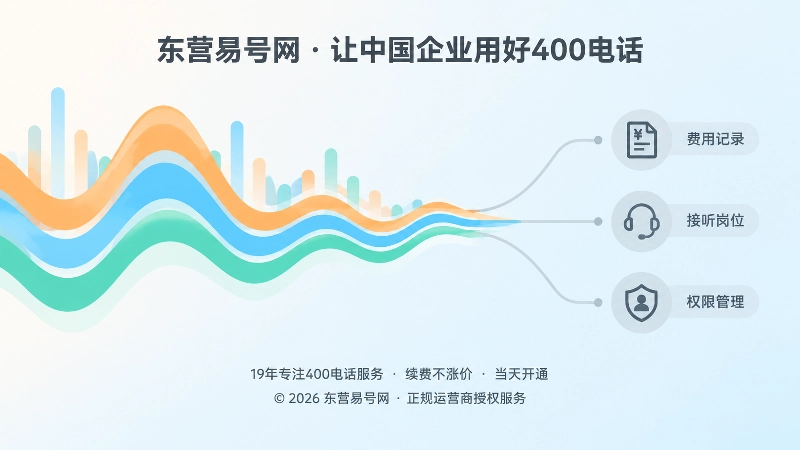 彩色扁平波纹与刻度表示来电高峰，右侧灰色线条连出费用、接听与权限符号
